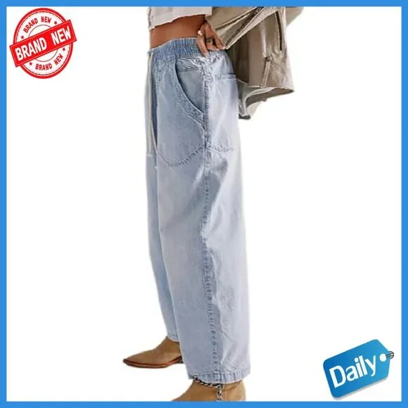 Women's Drawstring Waist Wide Leg Cropped Denim Pants Size S-XXL - Picture 3 of 5